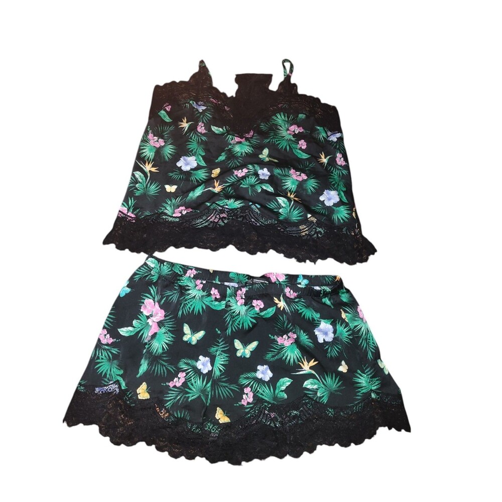 INC Womens XSmall Black Tropical Floral Satin Pajama Short Set 2PC Lace Cami NWT